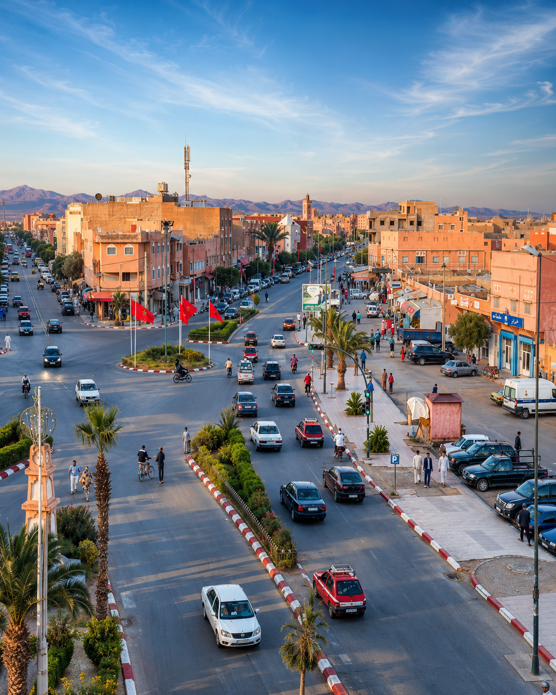 Elevated view over Guelmim city centre, palm-lined roads and warm-coloured buildings