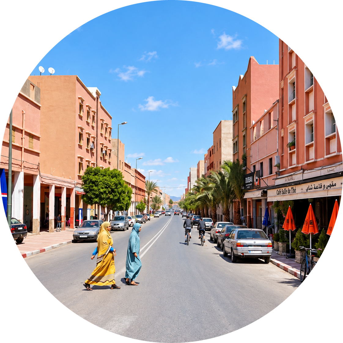 Pedestrians and parked vehicles on a palm-lined central street in Guelmim