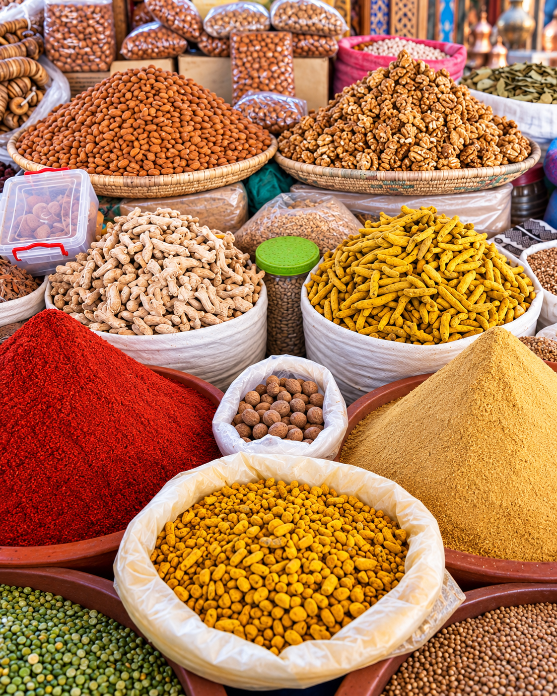 Open sacks of colourful spices, grains and dried goods