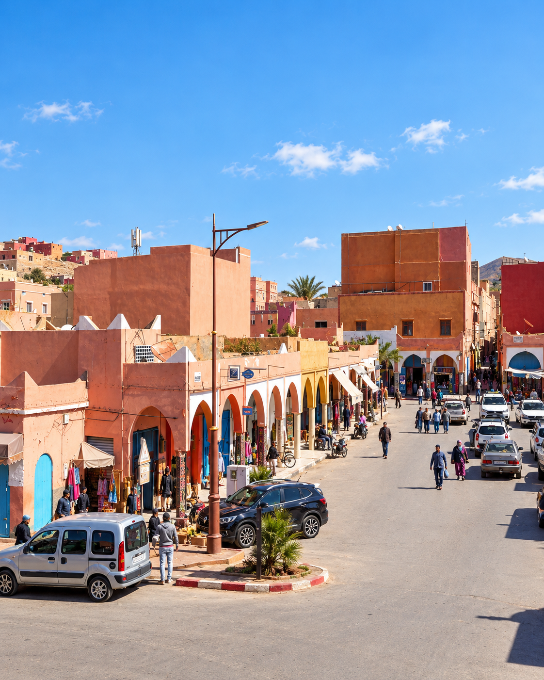 Arcaded market buildings, pedestrians and vehicles in central Guelmim