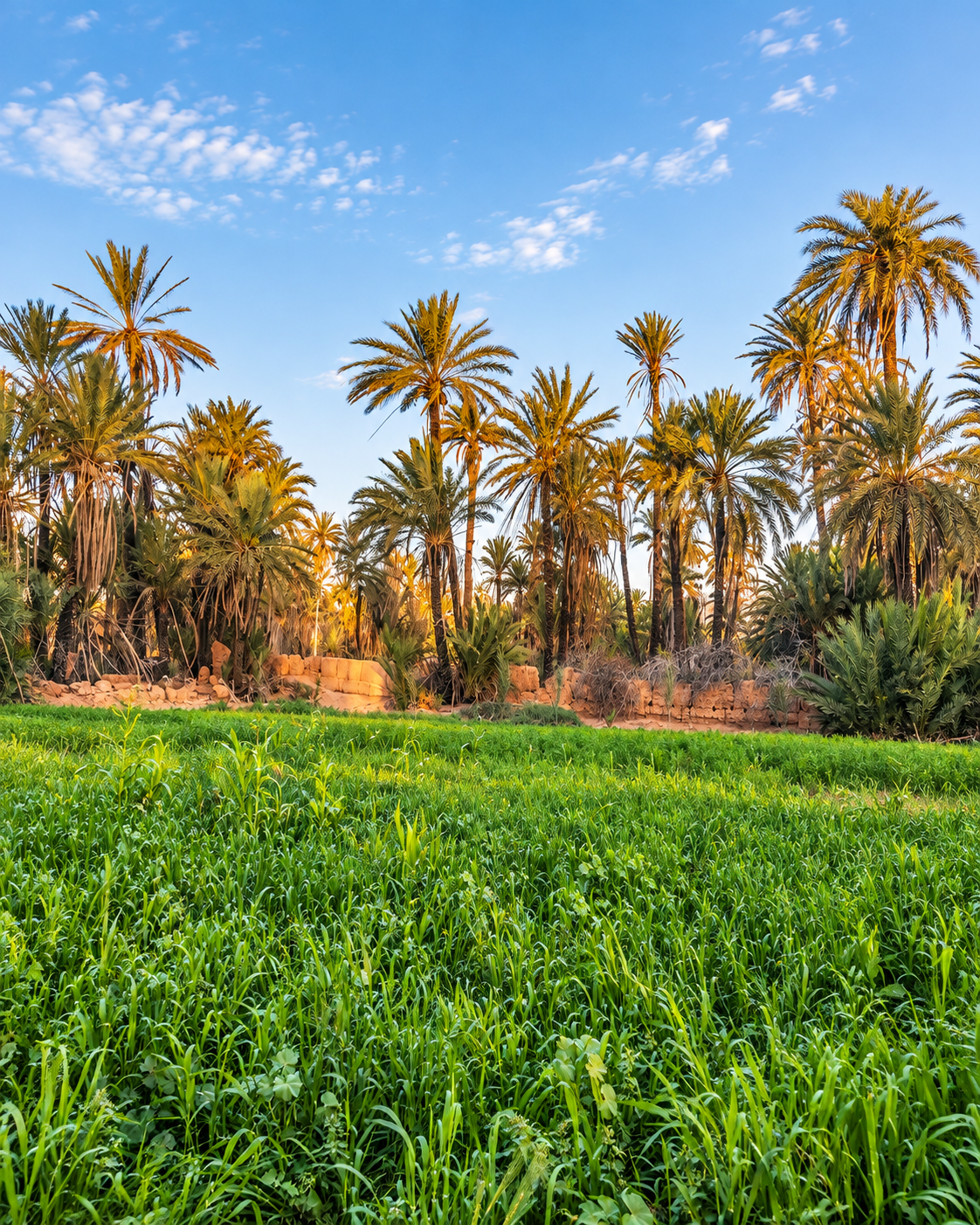 Green cultivated plots beneath date palms in the oasis belt near Guelmim