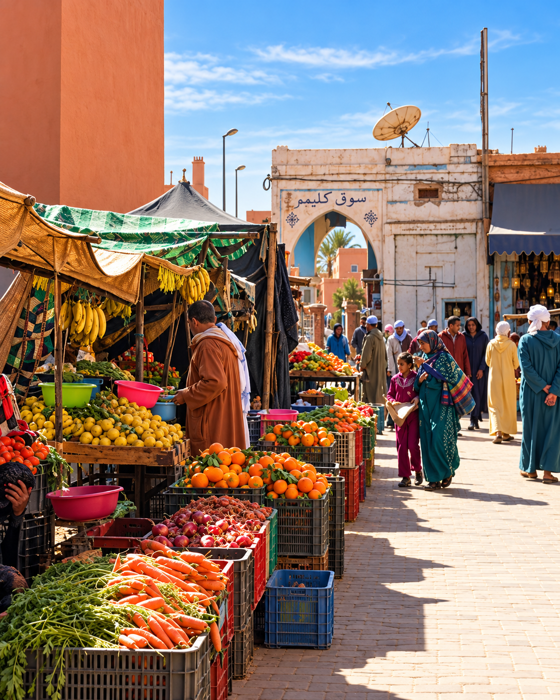Fruit stalls and shoppers beside a market entrance in Guelmim