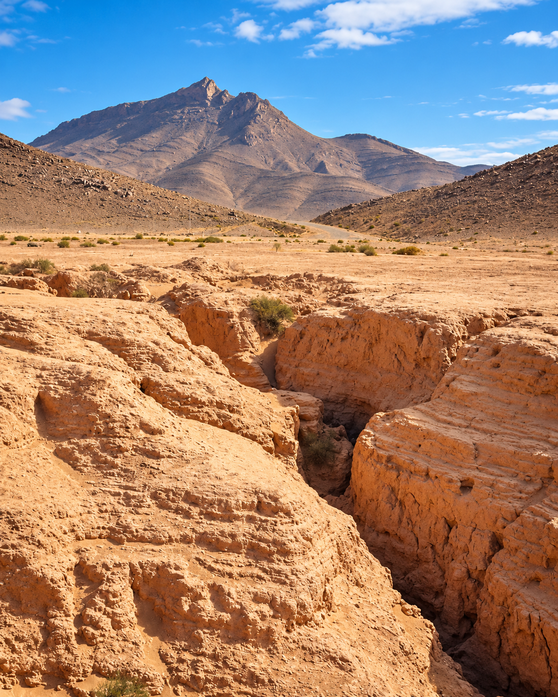 An eroded dry channel beneath bare hills in the surrounding southern landscape
