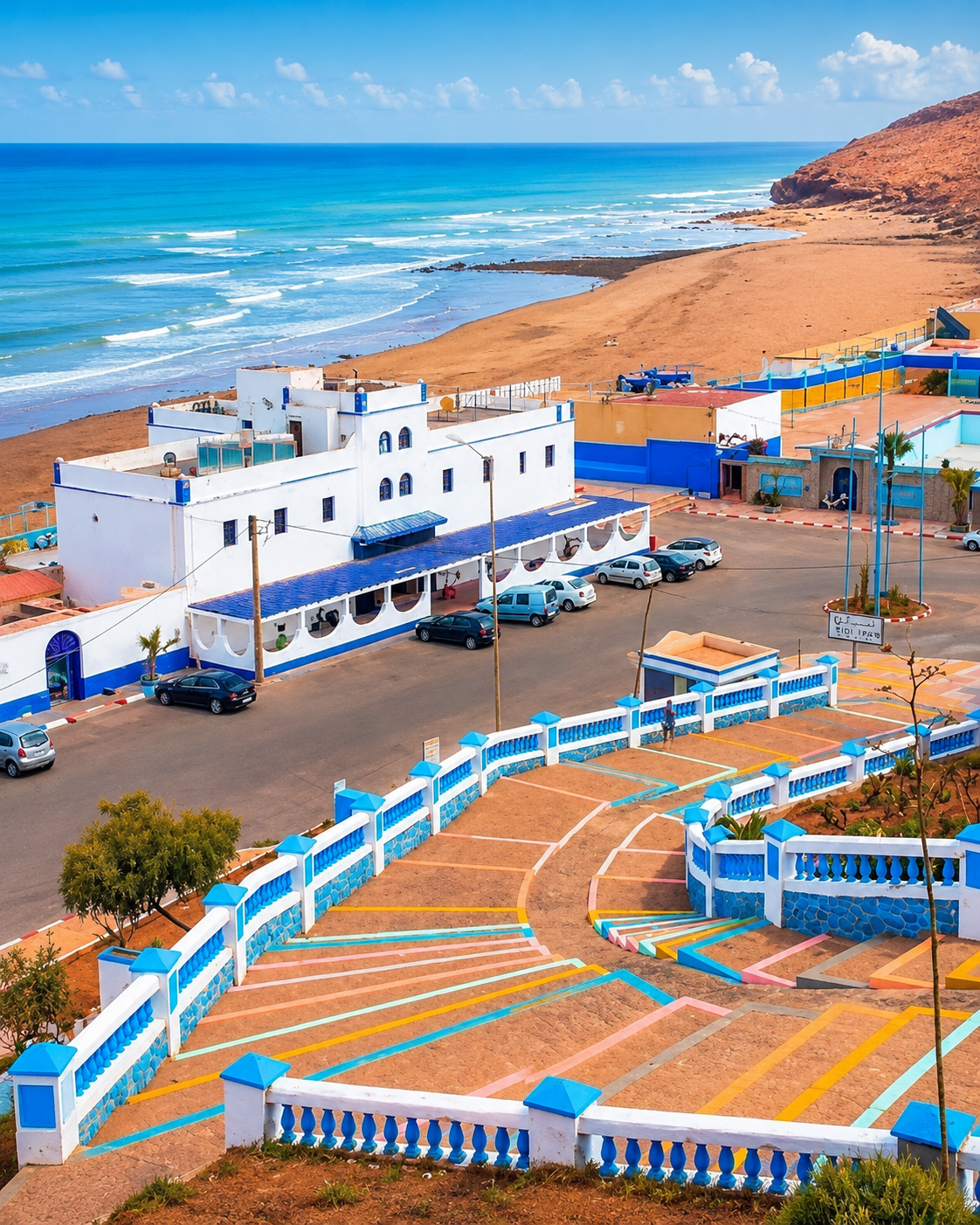 Blue and white seafront terraces overlooking Sidi Ifni beach and the Atlantic