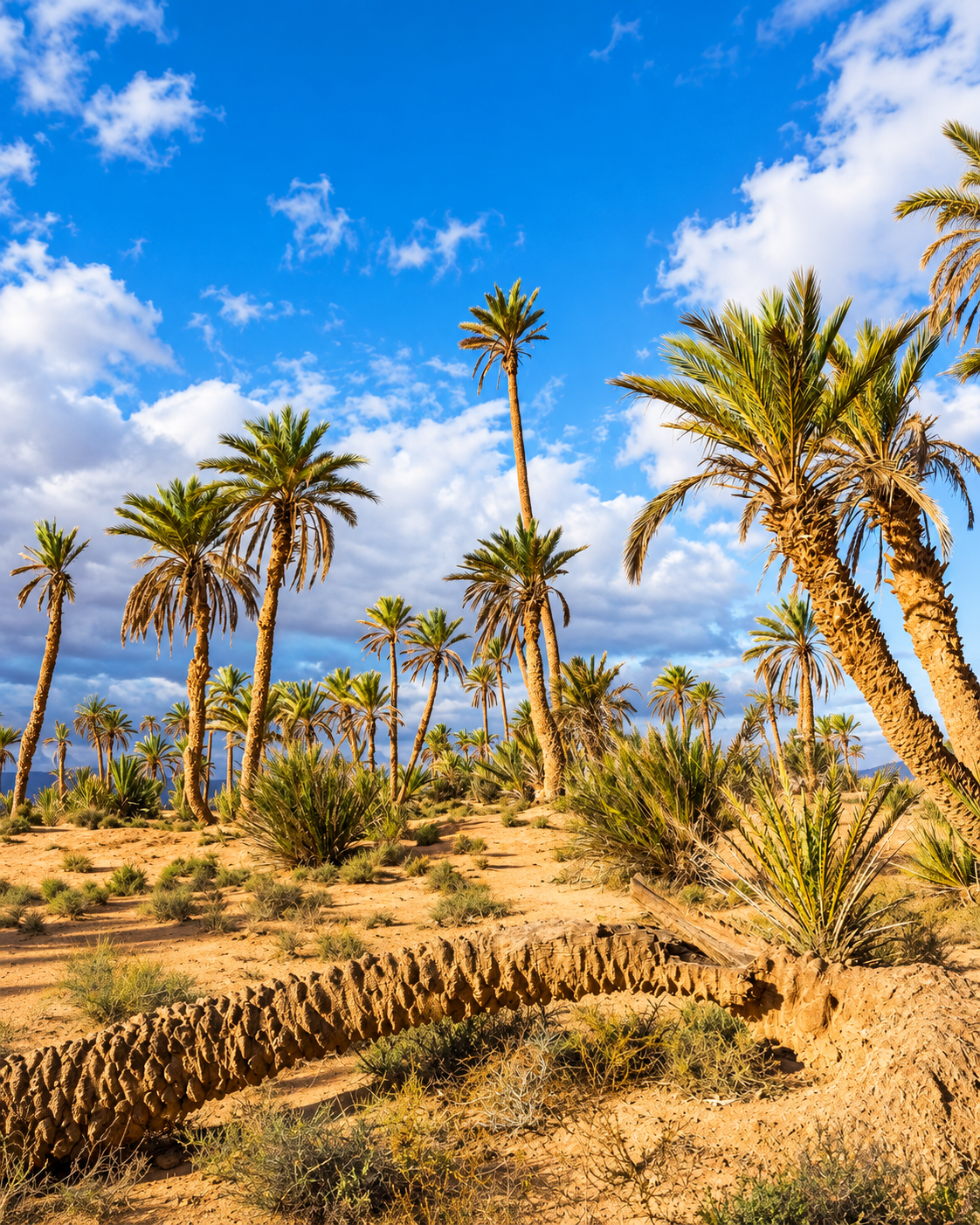 Date palms and earthen irrigation plots in the oasis belt near Guelmim