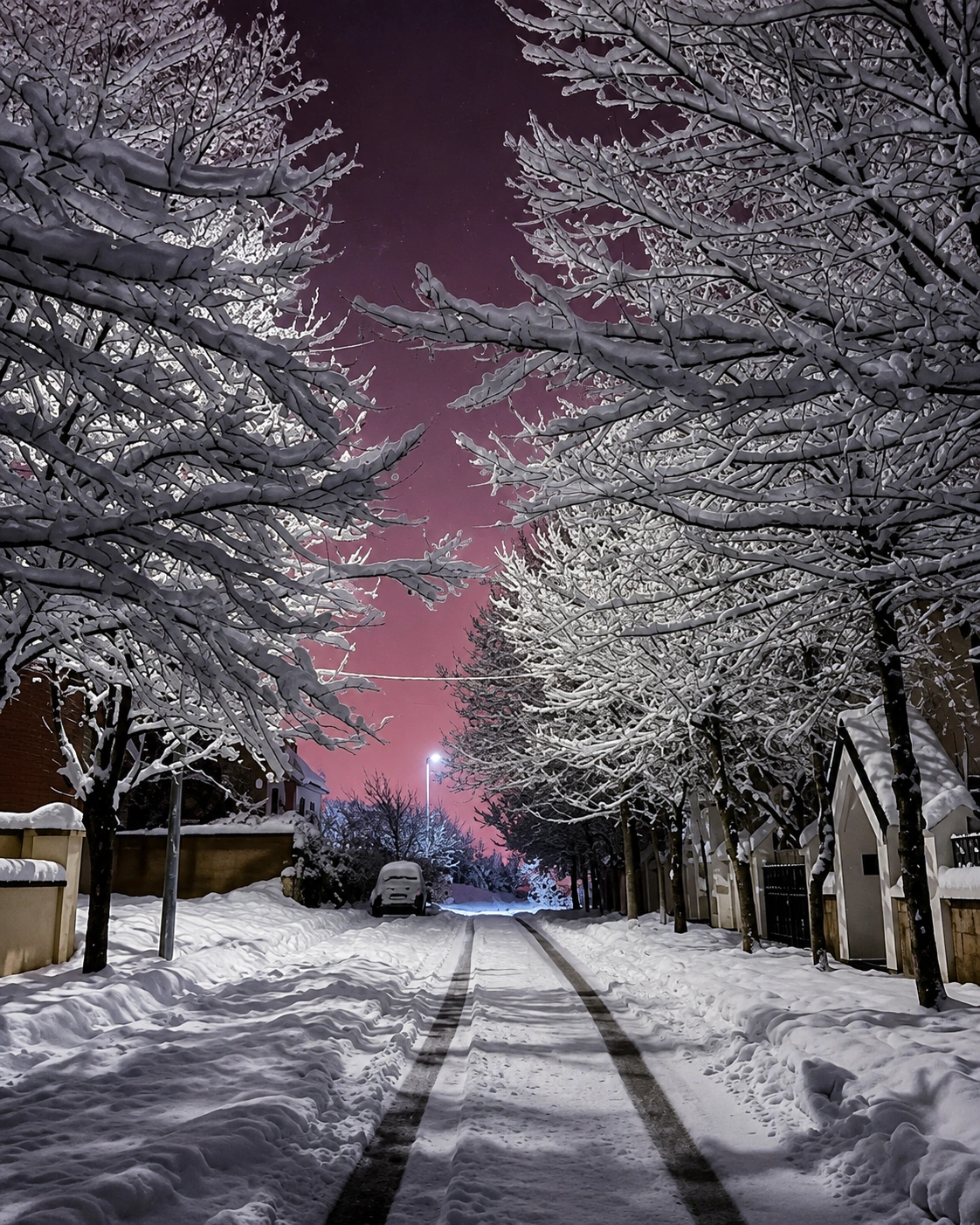 Snow-covered night street beneath trees in Ifrane
