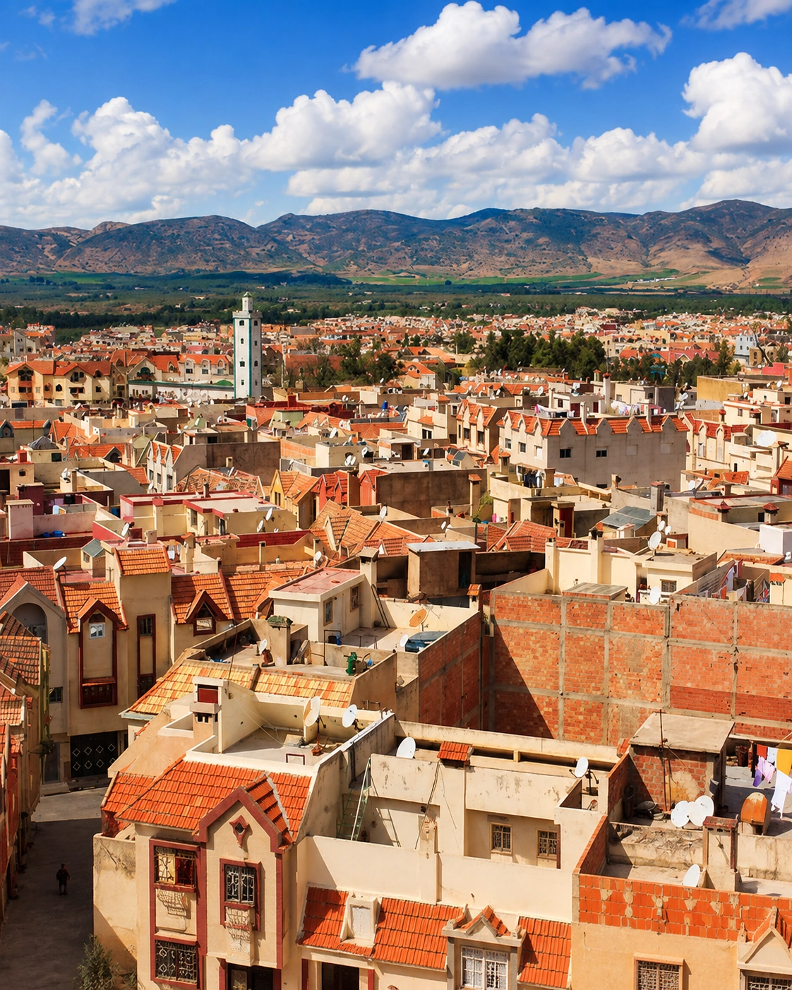 Red-roofed Ifrane city panorama with Middle Atlas mountains
