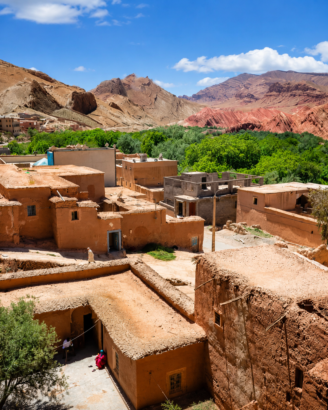 Earthen village buildings, green trees and folded red hills in the Dadès landscape