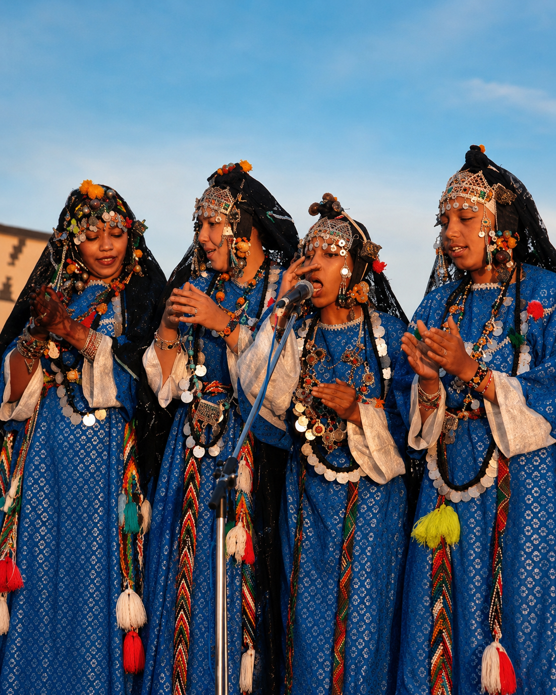 Women in blue Amazigh dress and jewellery during a celebration