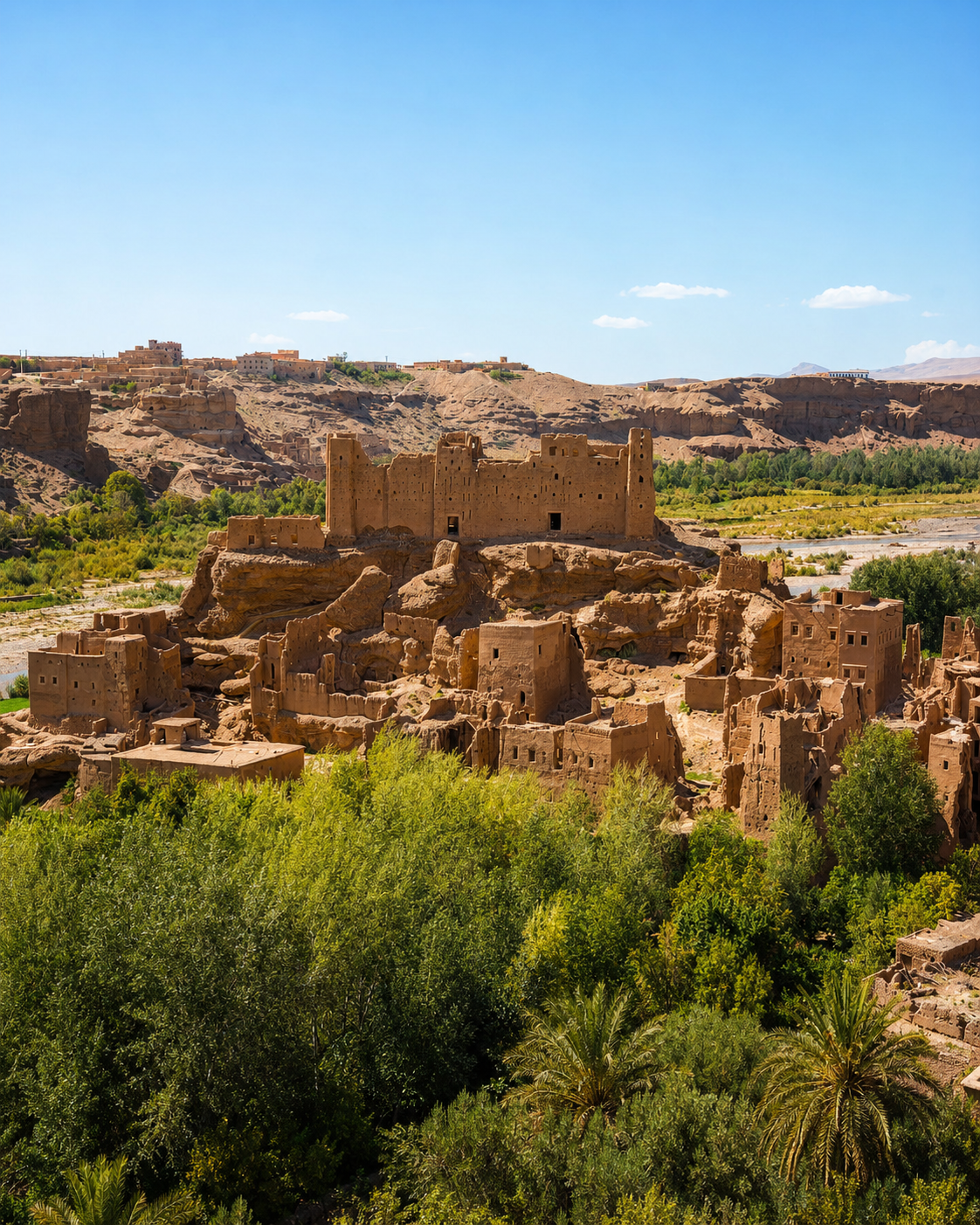 Earthen kasbah ruins among green valley gardens