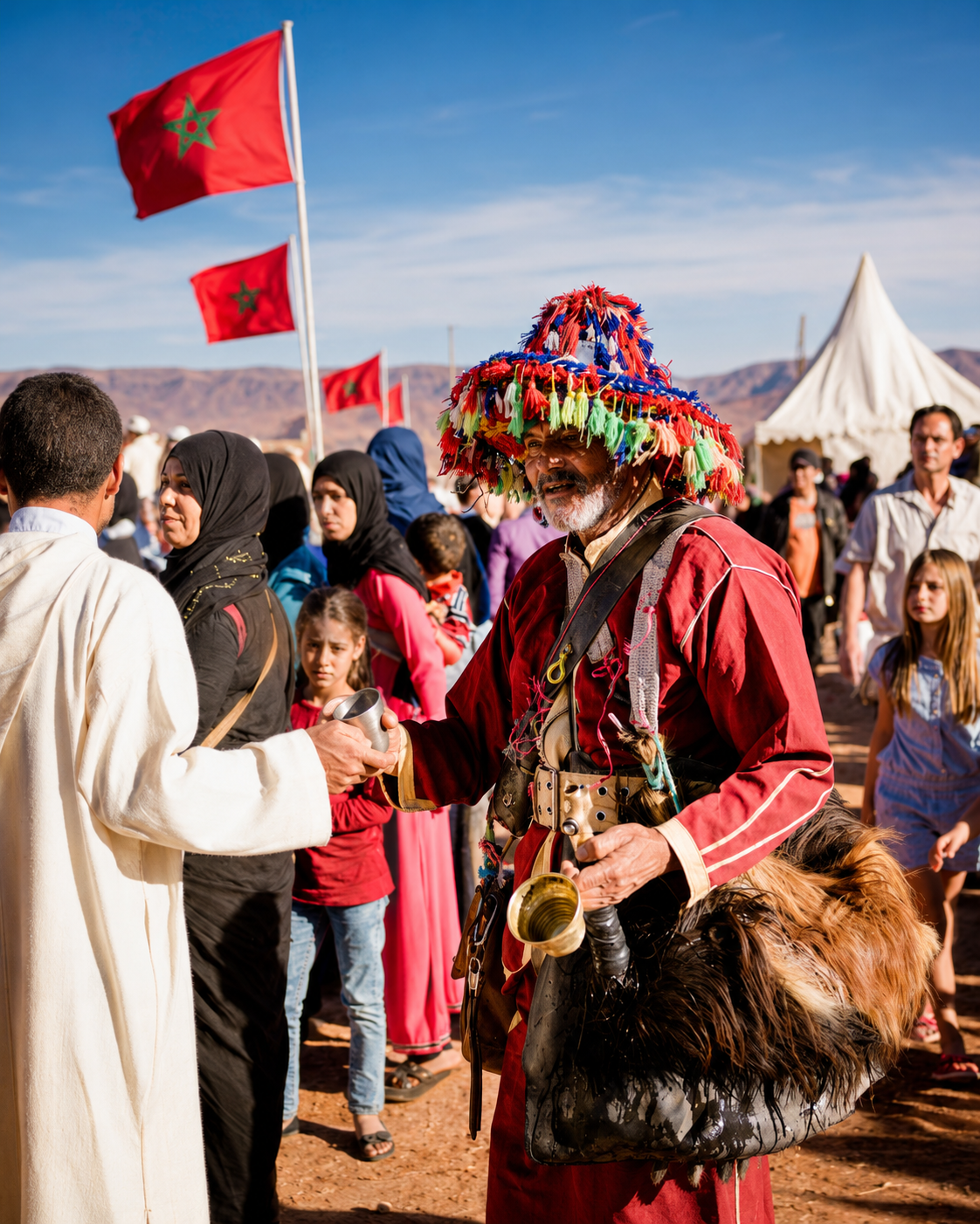 Musician in red traditional dress among festival visitors and Moroccan flags