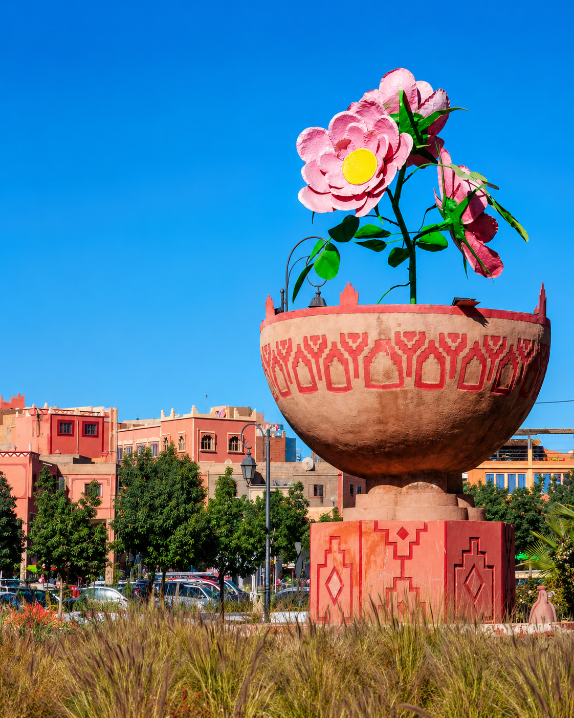 Pink rose sculpture against a clear blue sky in Kalaat M’Gouna