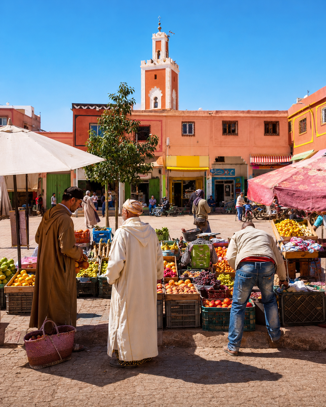 People shopping at market stalls beneath an ochre minaret