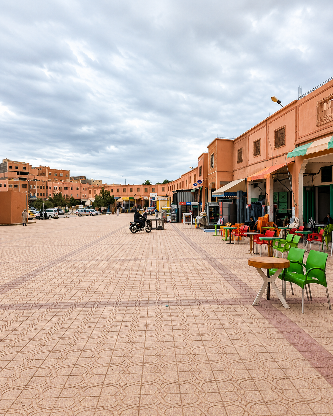 Wide paved pedestrian street beside ochre shopfronts and cafe chairs