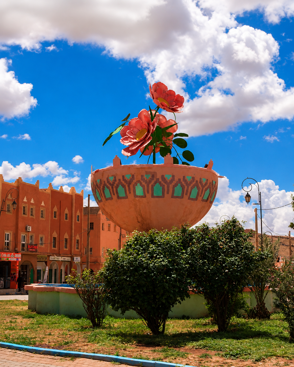 Large rose sculpture in its decorated bowl in Kalaat M’Gouna