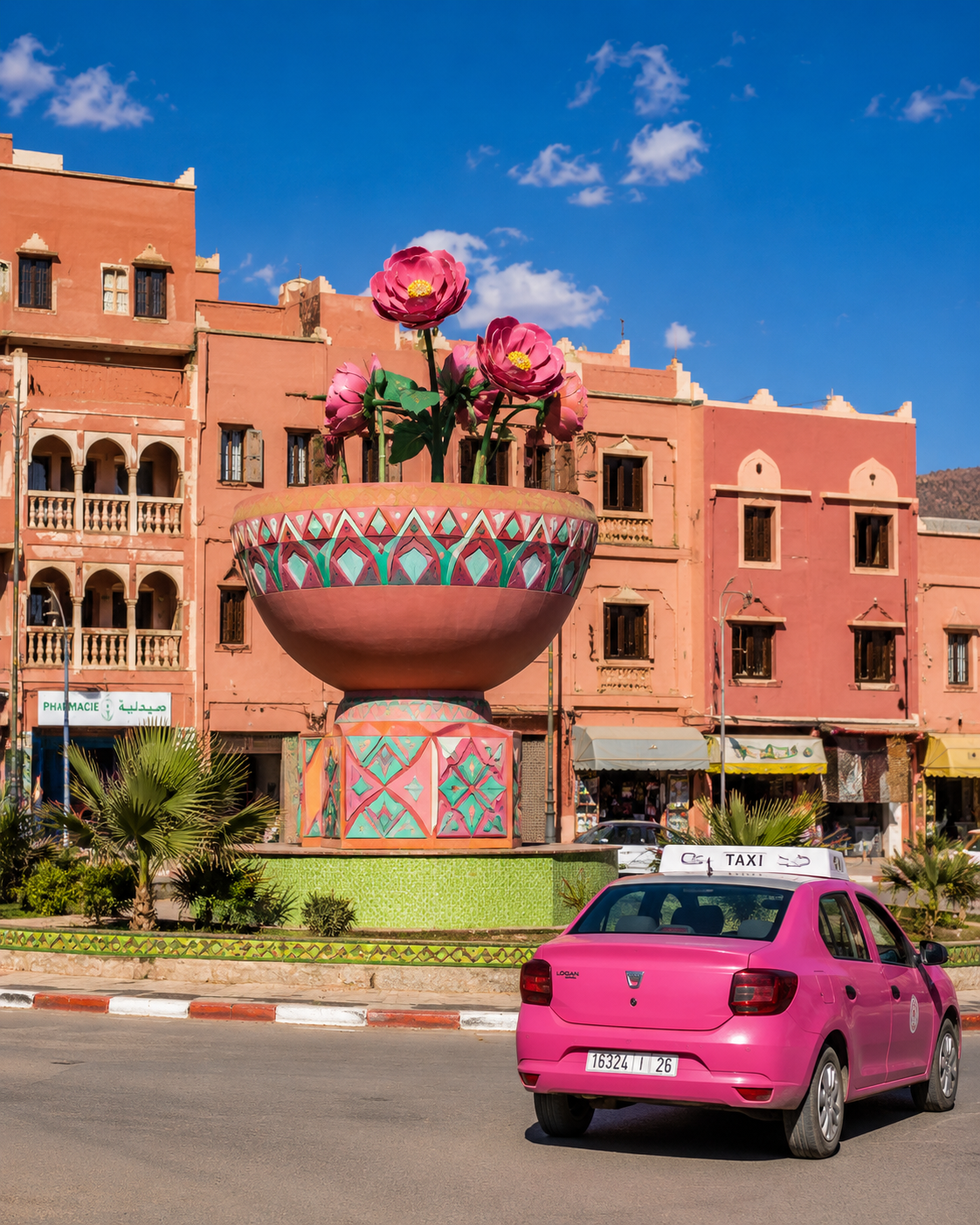Rose monument, ochre town buildings and a passing pink taxi