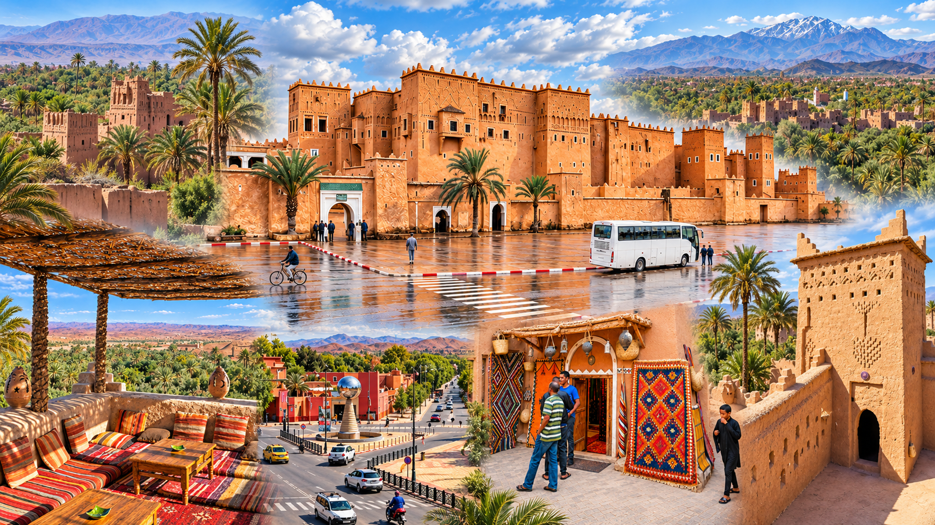 Collage of Ouarzazate’s Taourirt Kasbah, Skoura palm groves and earthen architecture