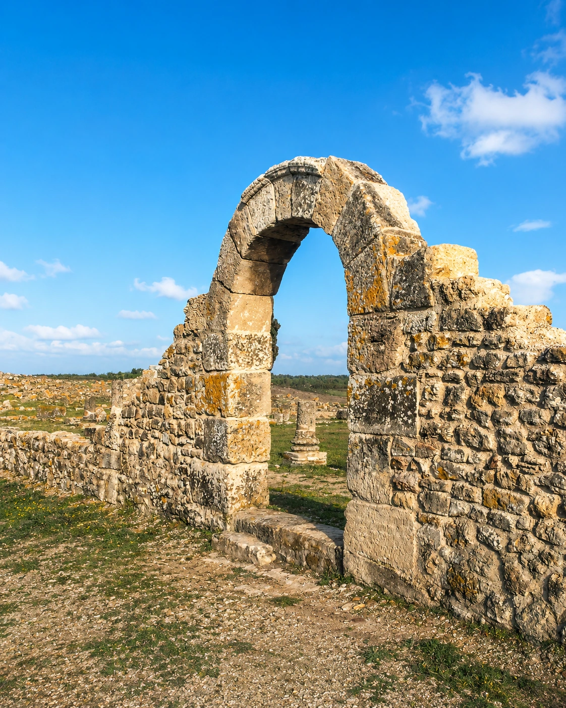 Ancient stone arch standing among archaeological ruins