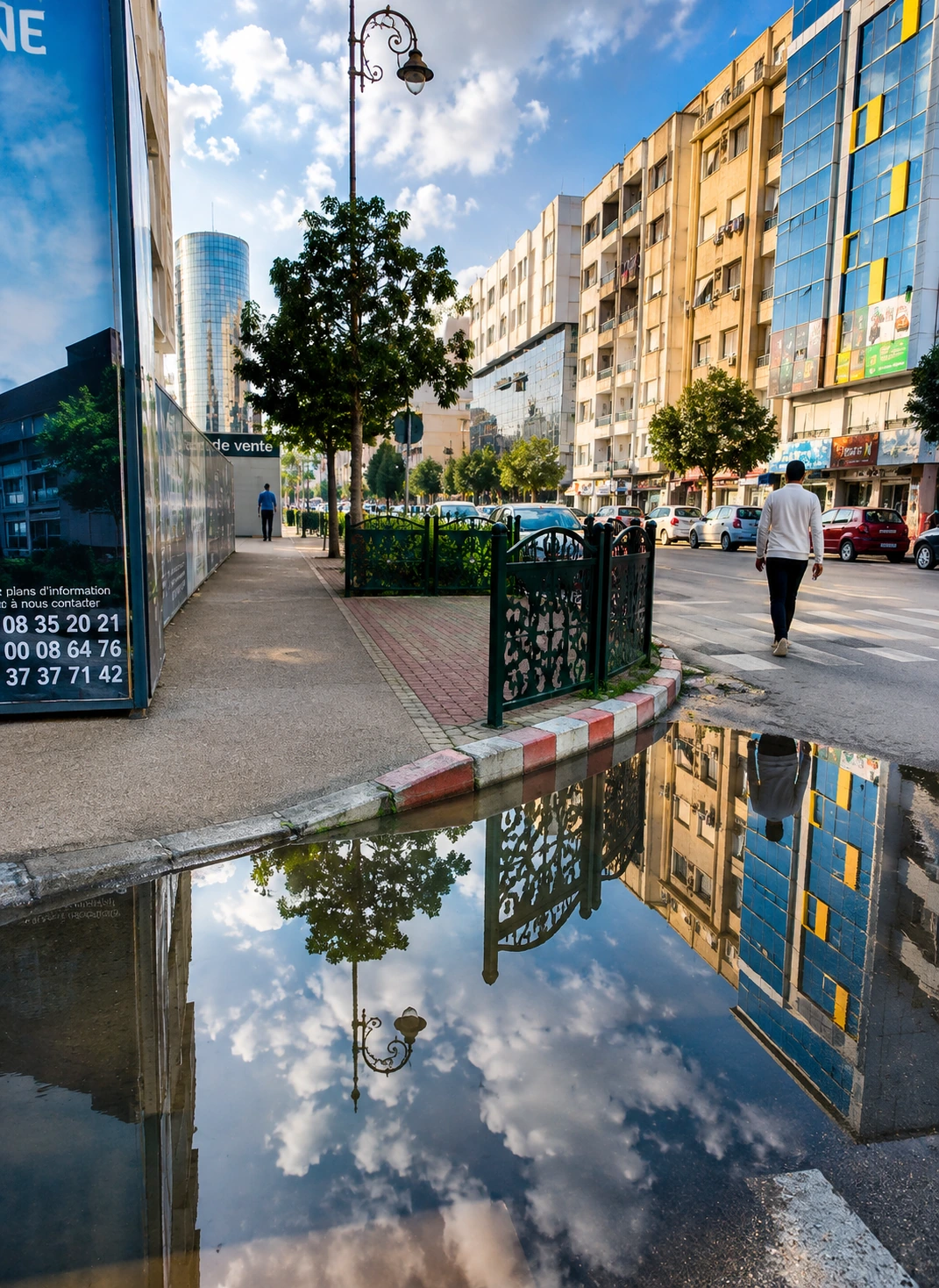 Modern Kenitra street with a reflective puddle and mid-rise buildings