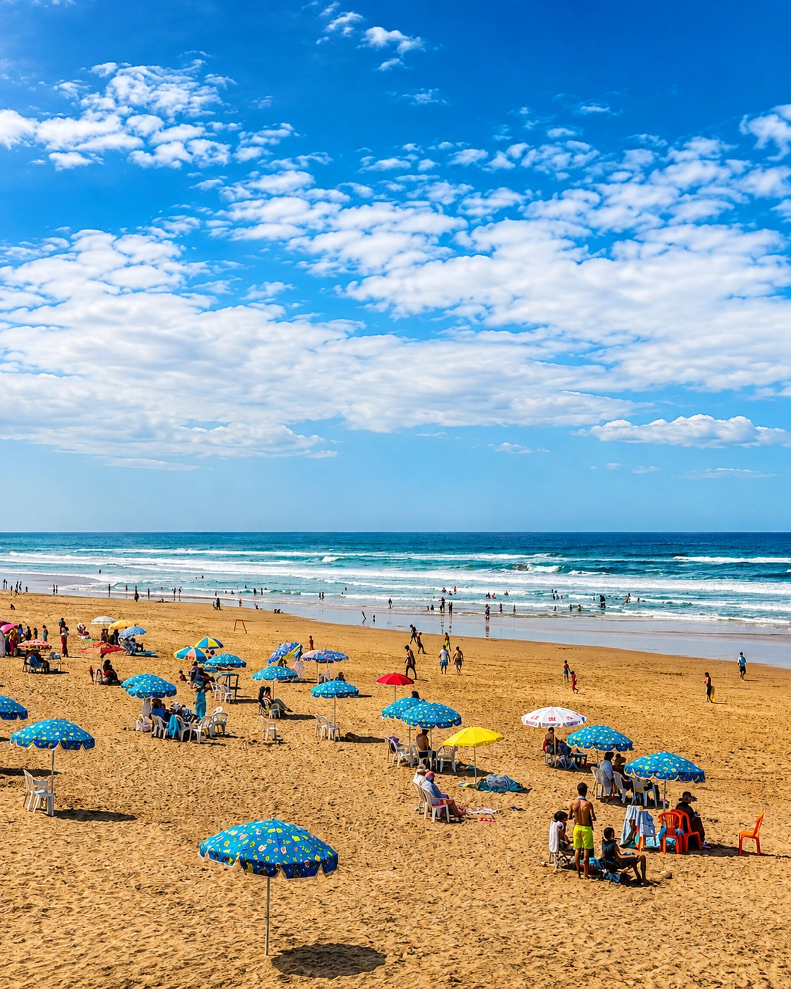 Mehdia Beach with umbrellas, sand and Atlantic waves