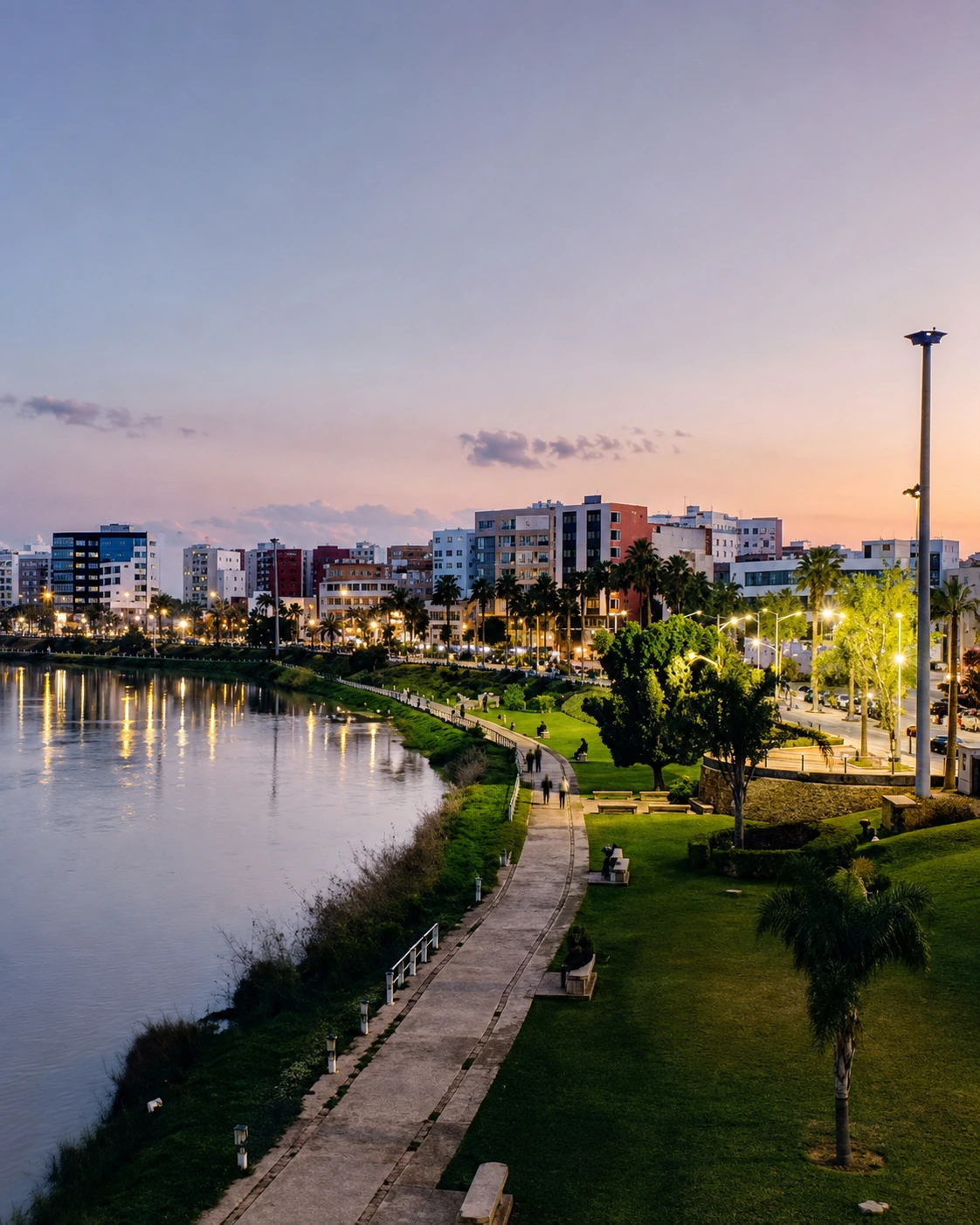 Evening riverfront promenade and city lights along the Sebou in Kenitra