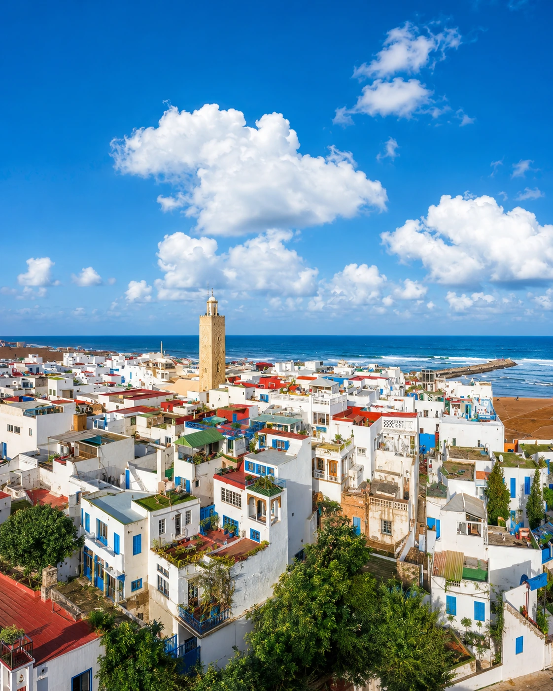 White Atlantic coastal townscape with a mosque tower and ocean horizon