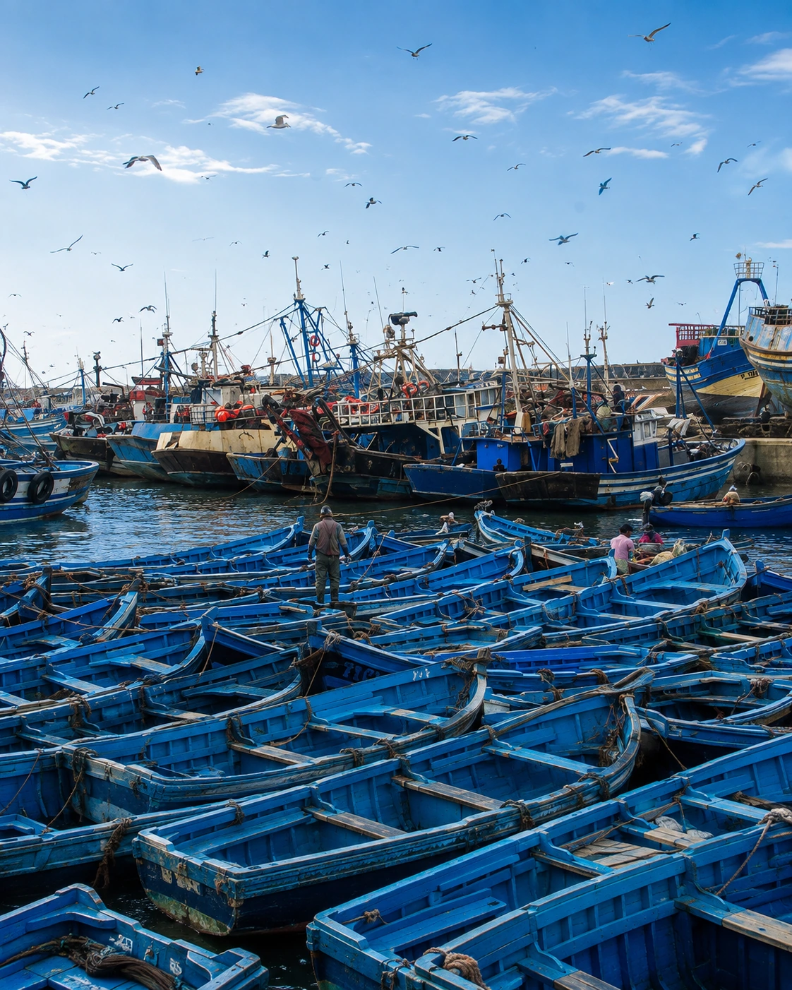Blue fishing boats crowded in a working harbour near Kenitra