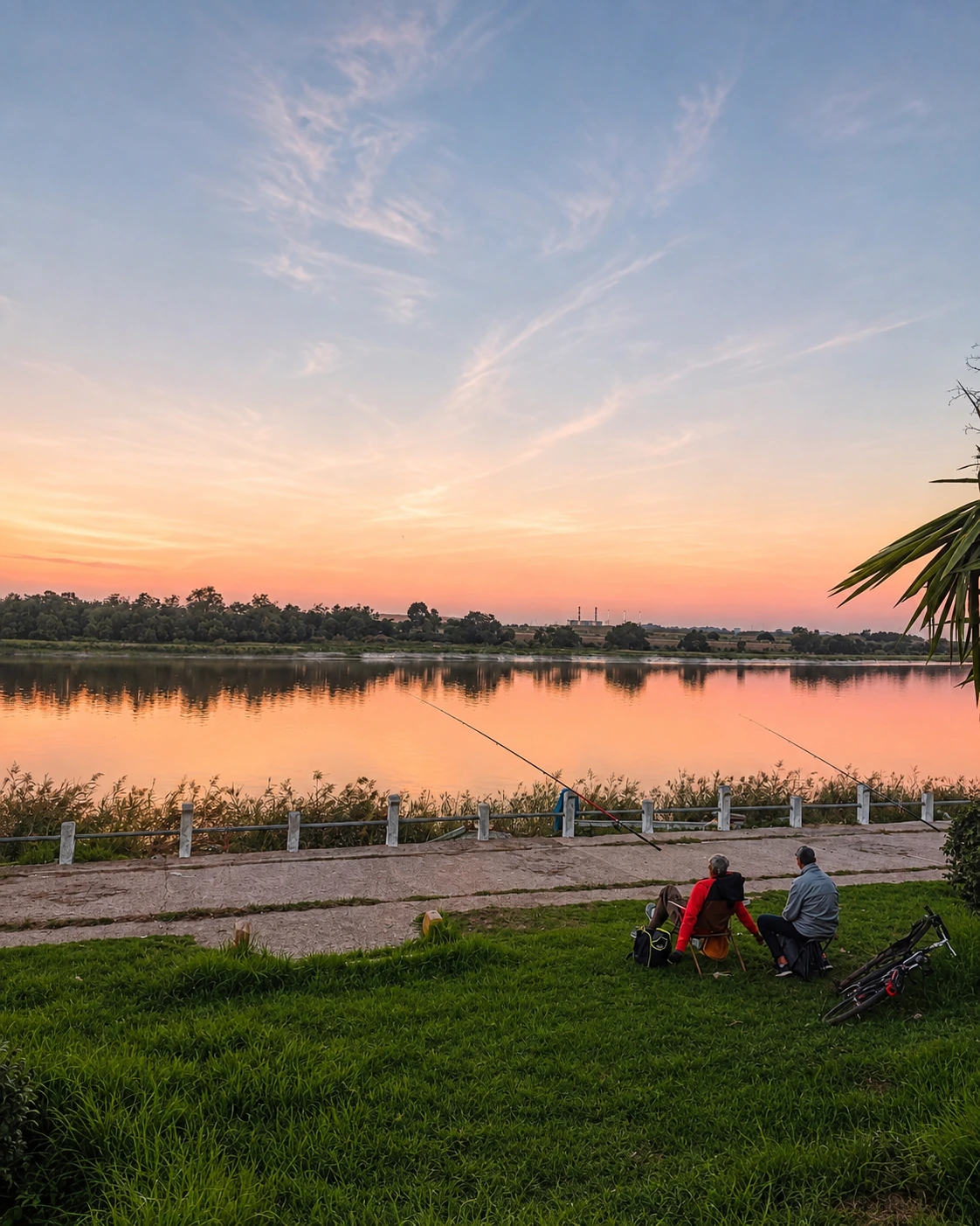 Two anglers beside the Sebou at sunset in Kenitra