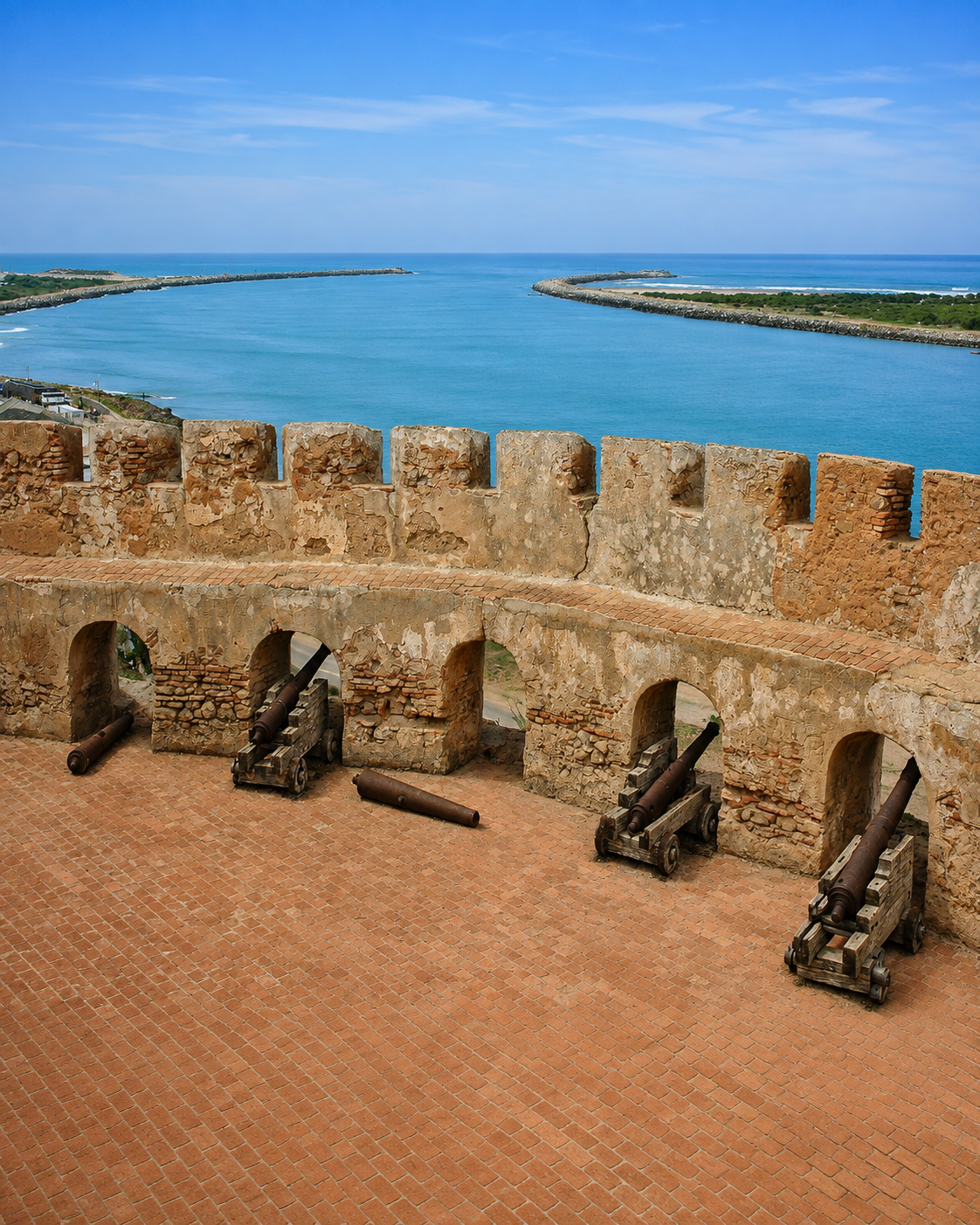 Cannons and ramparts at Mehdia Kasbah overlooking the Sebou mouth and the Atlantic
