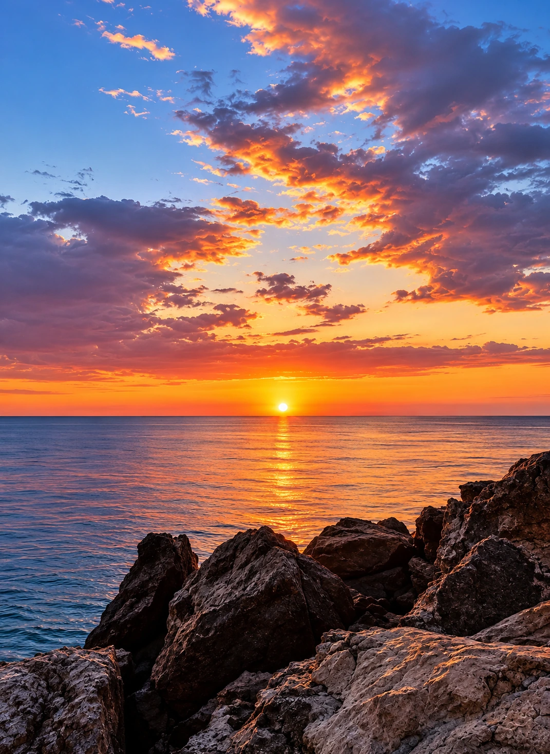 Sunset over the Atlantic with rocky foreground near Mehdia