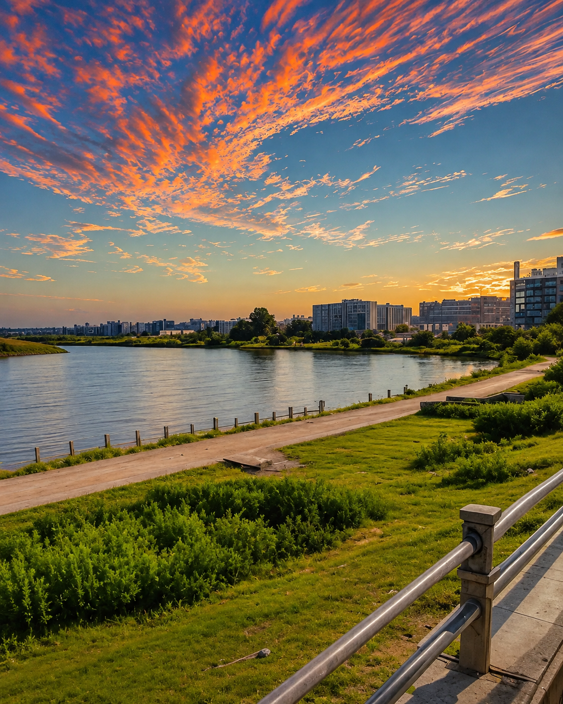 Sebou riverfront promenade and skyline in Kenitra under a dramatic evening sky