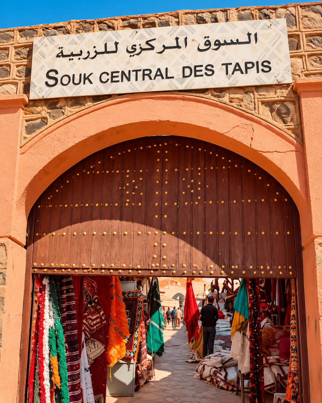 Arched entrance to the central carpet souk with rugs displayed inside