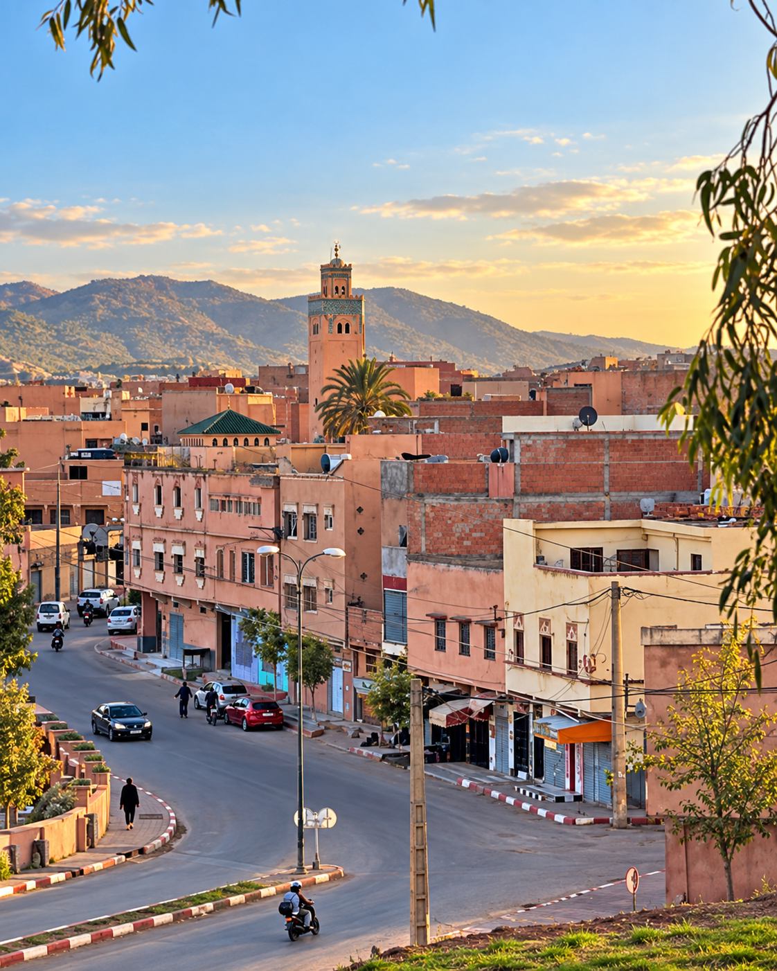 Khenifra street junction, warm-coloured buildings and a minaret against the hills