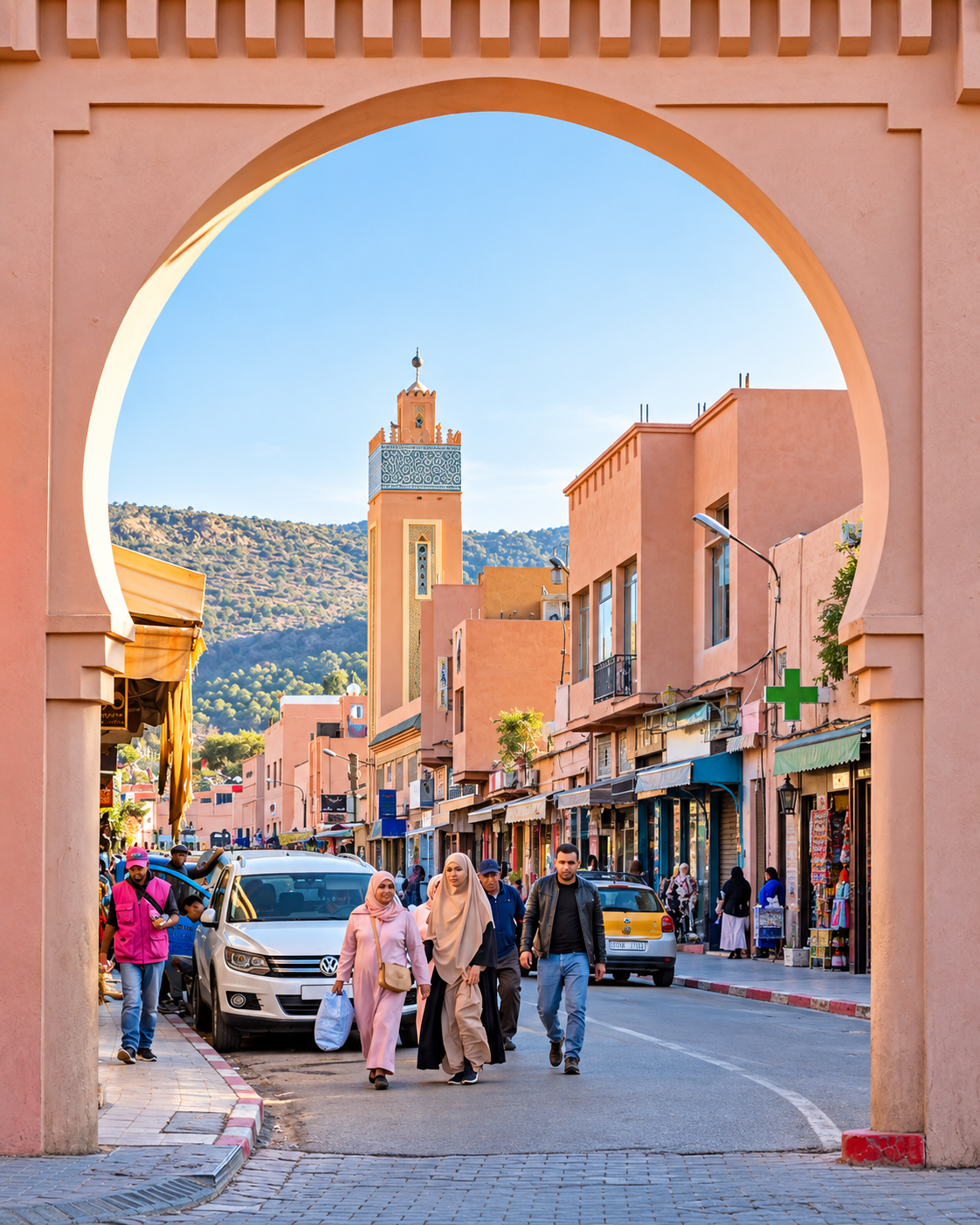 Pedestrians and a minaret framed by an ochre gateway in Khenifra