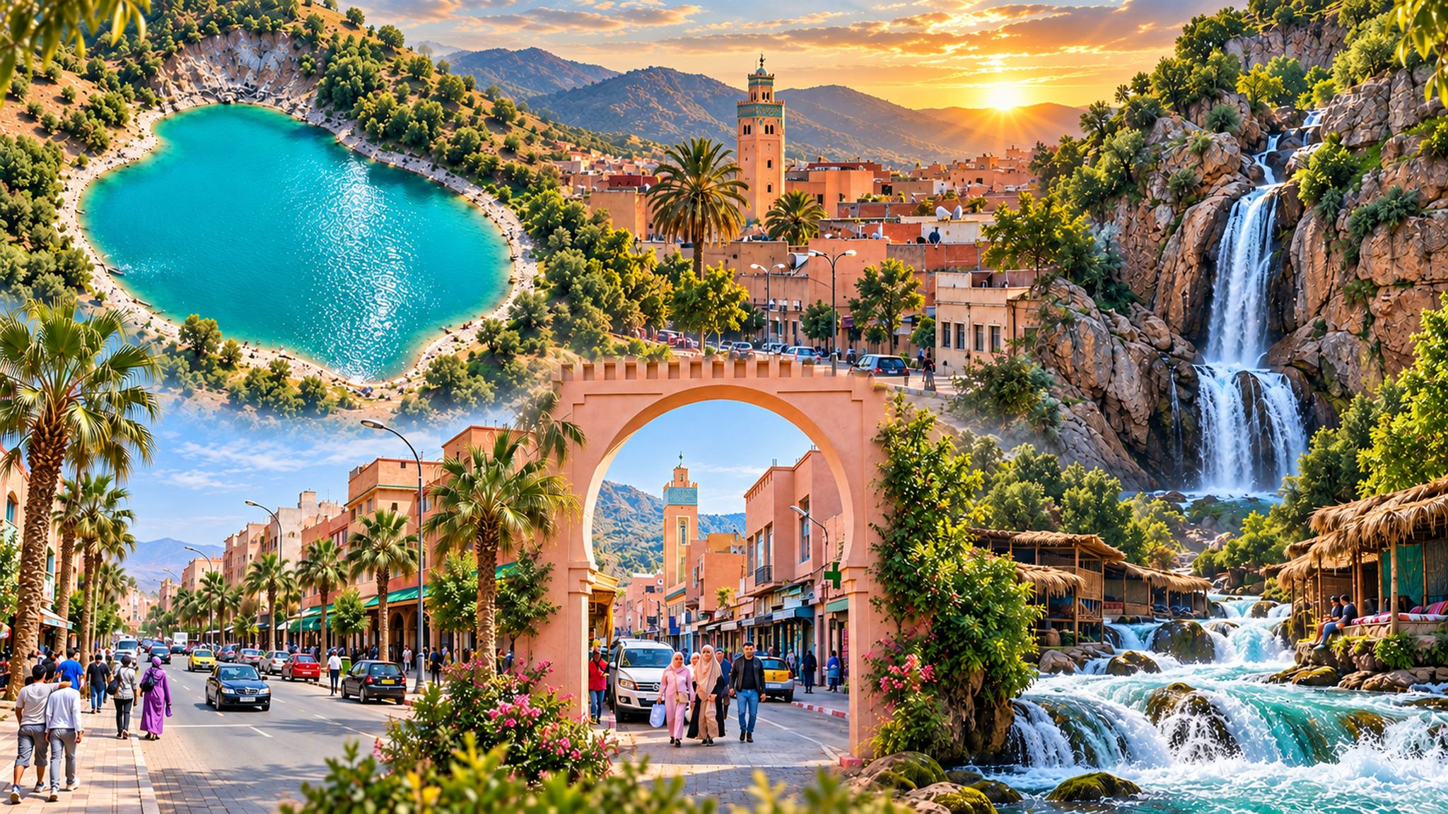 Editorial collage of Khenifra streets, mountain lake and Oum Er-Rbia cascades