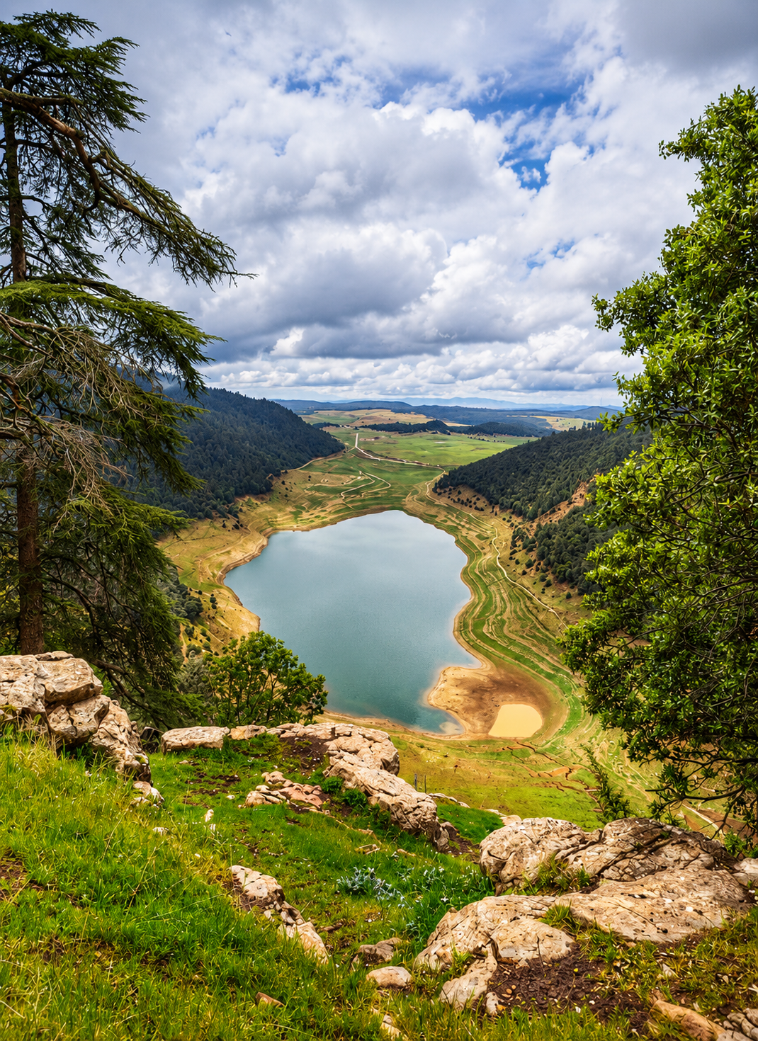 Wooded slopes framing a mountain lake in the Khenifra region