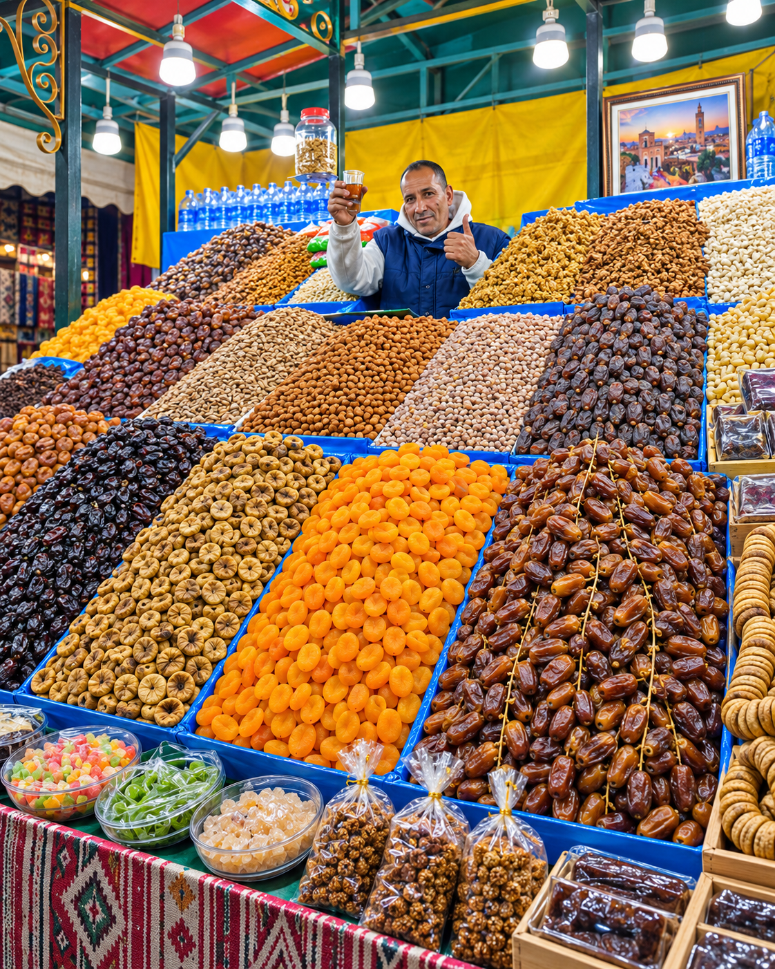 Piles of dates and dried fruit at a Khenifra market stall