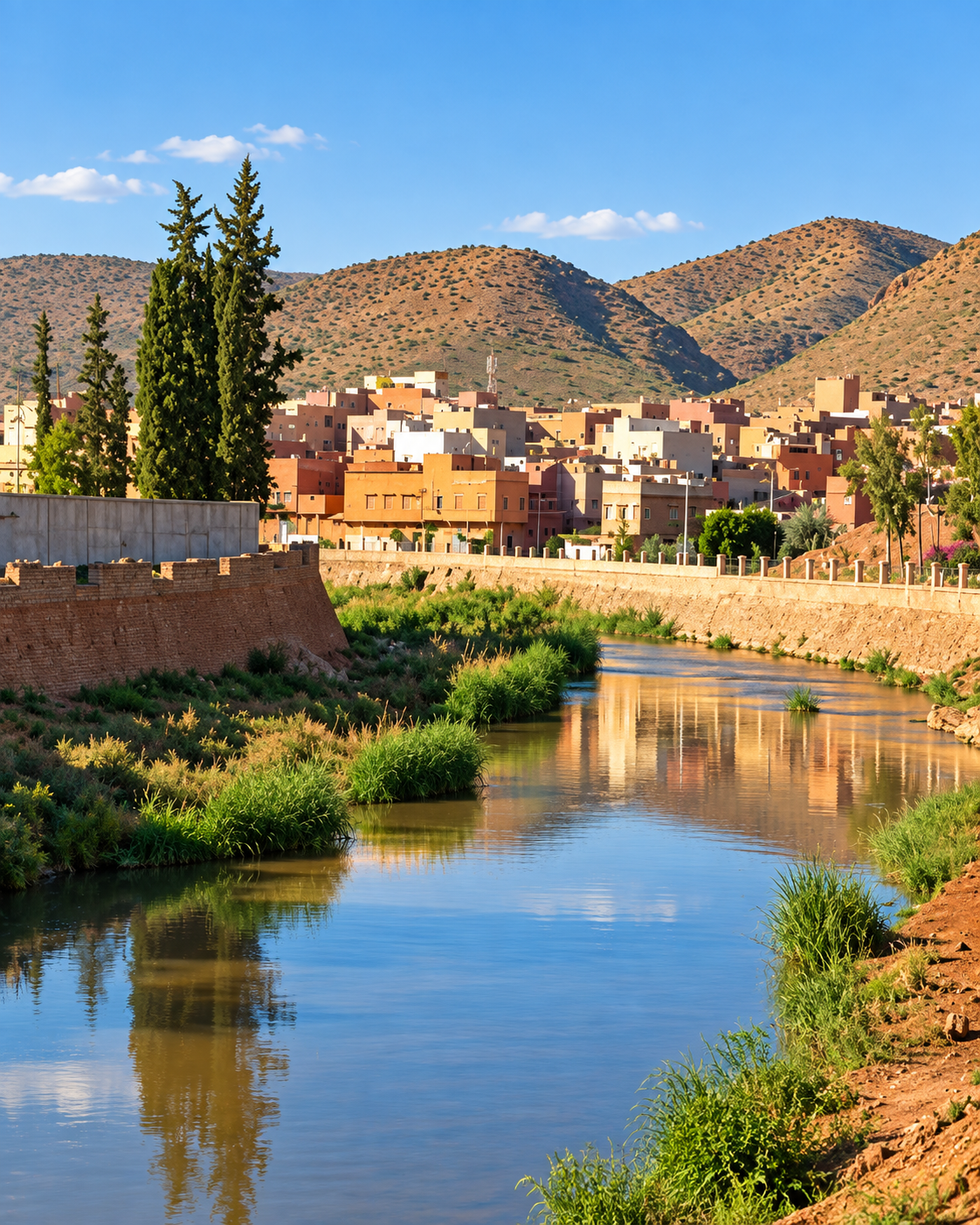 Oum Er-Rbia river beside Khenifra buildings and surrounding hills