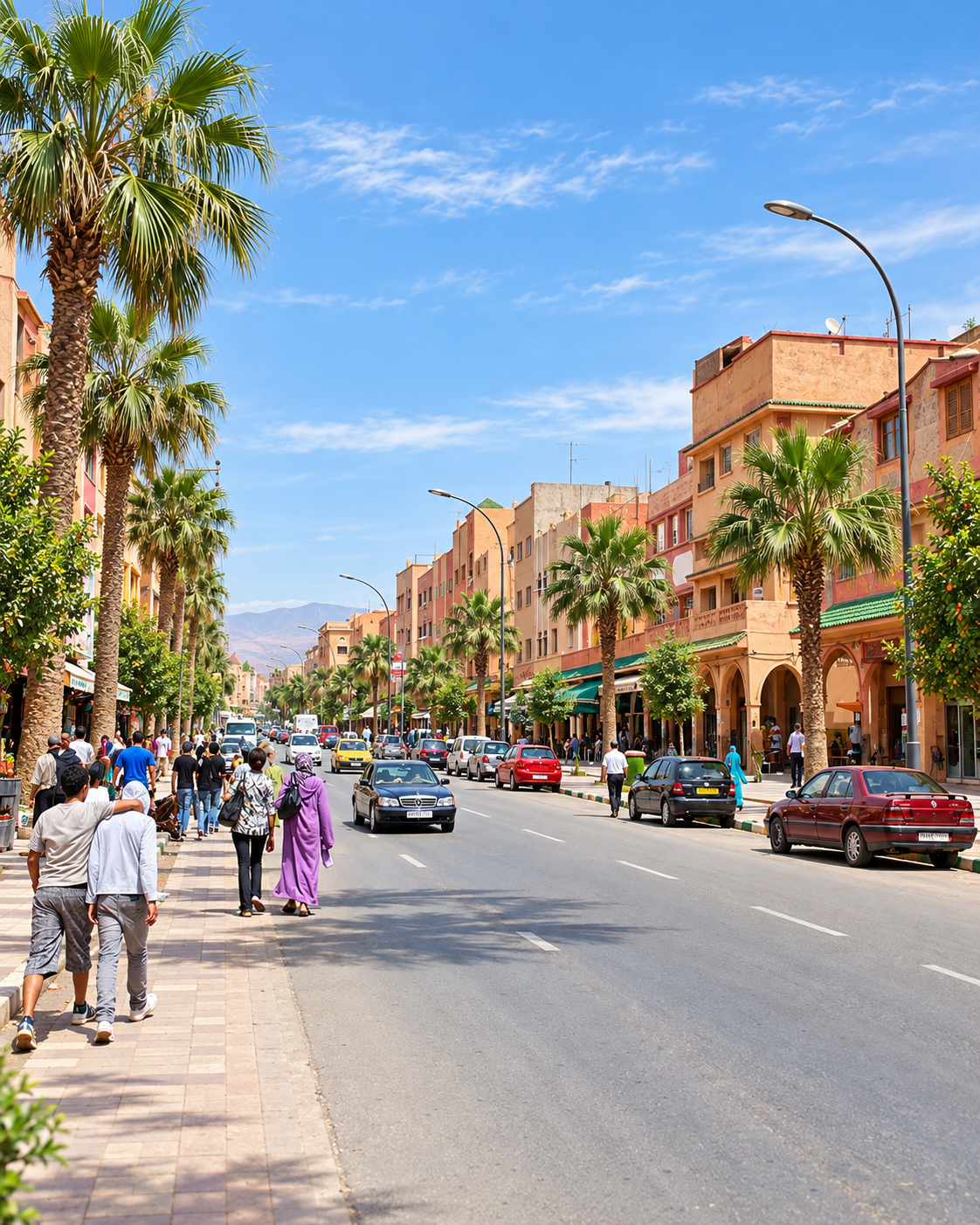 Palm-lined avenue and daily street life in Khenifra