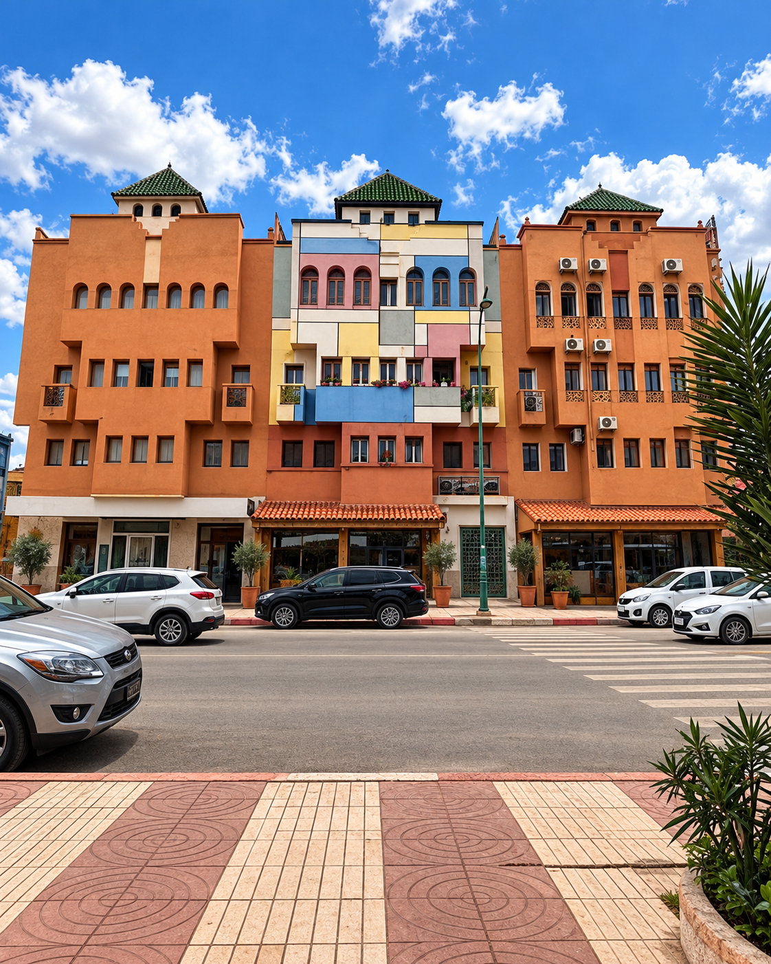 Ochre and terracotta shopfronts and town buildings in Khenifra