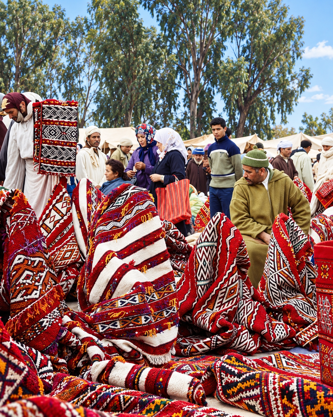 Traders displaying red and white woven rugs at a Khenifra textile market