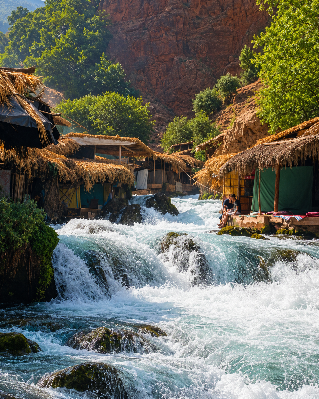 Oum Er-Rbia cascades beside thatched riverside shelters near Khenifra