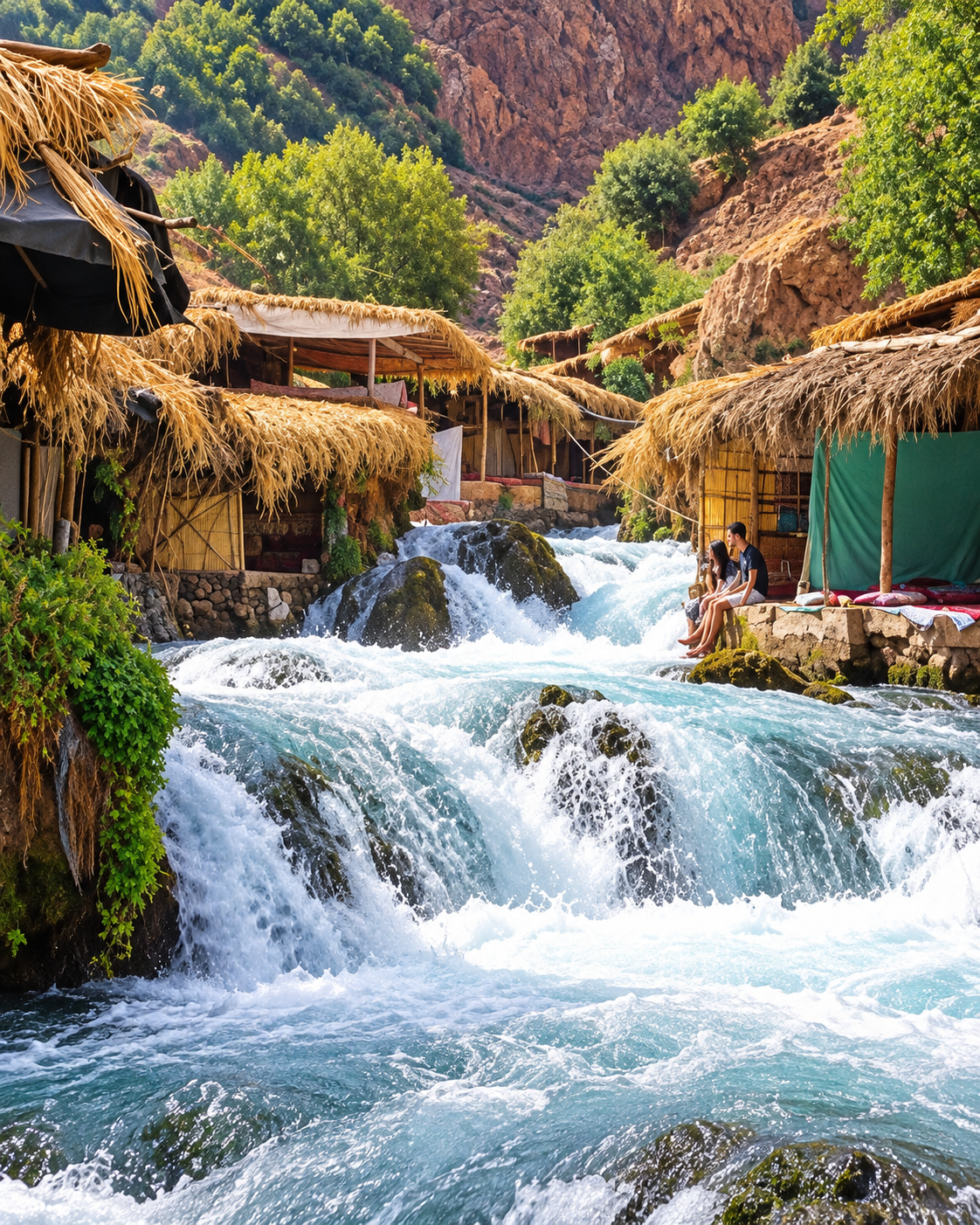 Clear cascades and riverside shelters at the Oum Er-Rbia sources