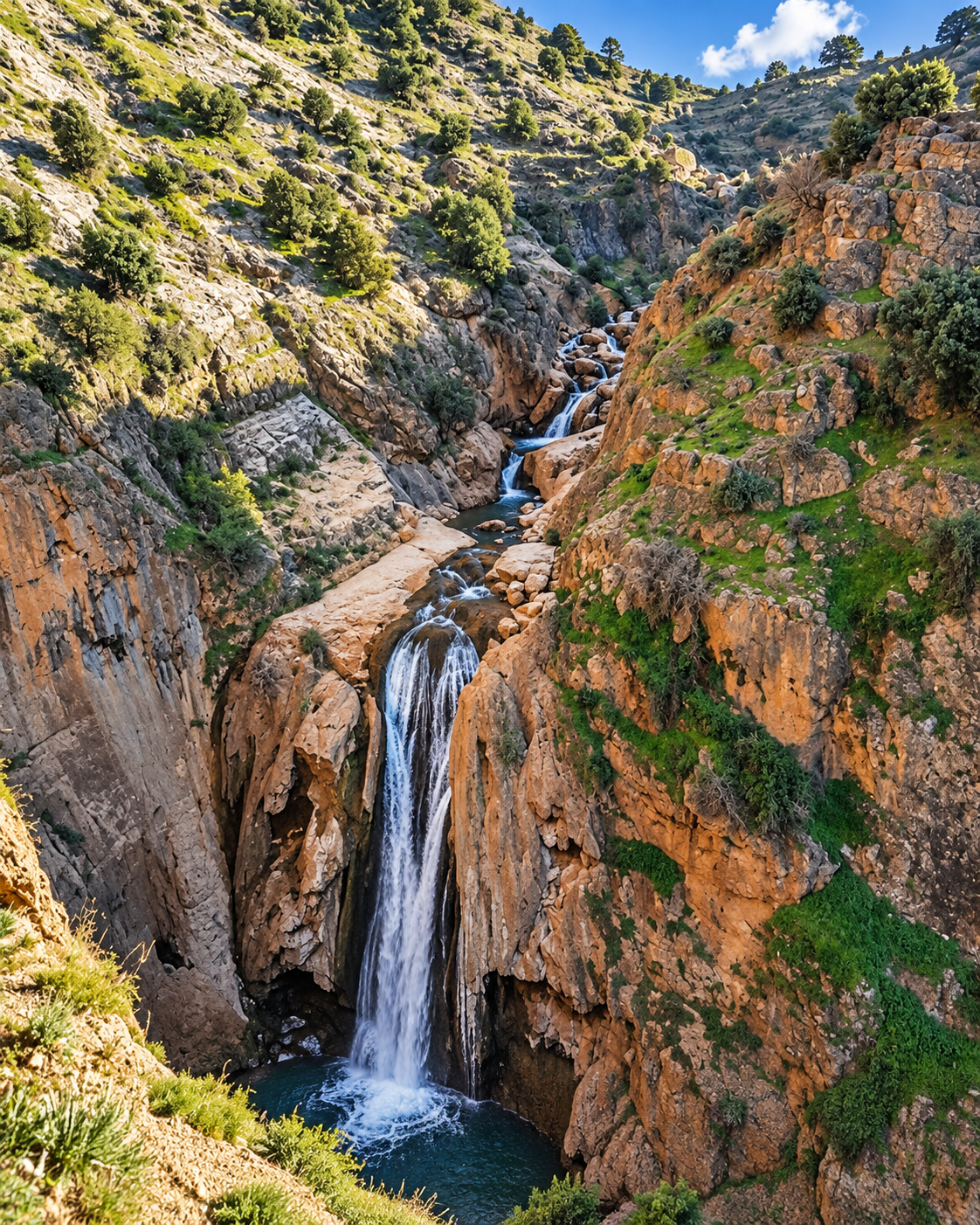 Waterfall dropping between rocky cliffs at the Oum Er-Rbia sources