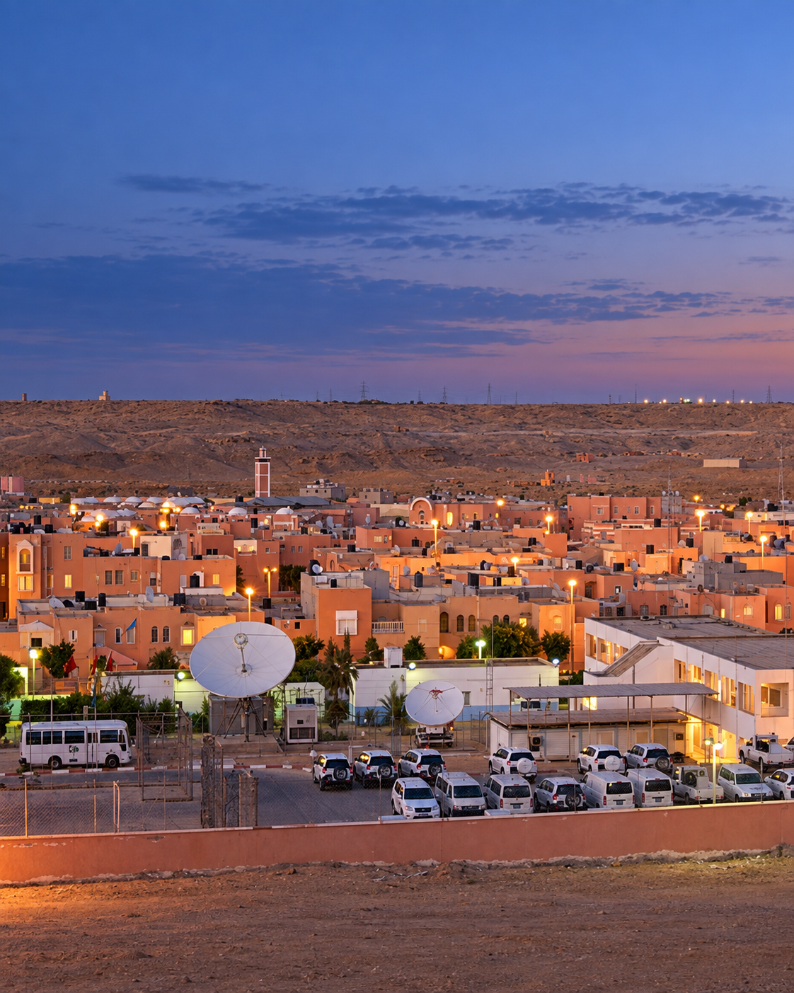 Low-rise buildings, rooftop satellite dishes and evening lights in Laâyoune