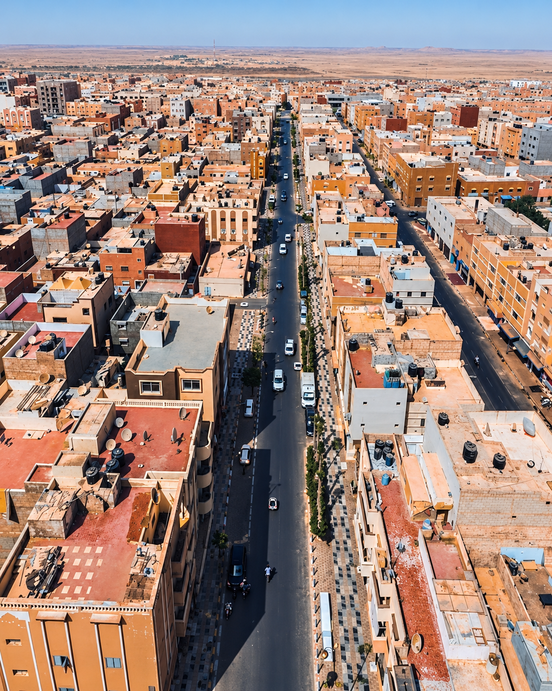 Straight avenue through the low-rise urban fabric of Laâyoune