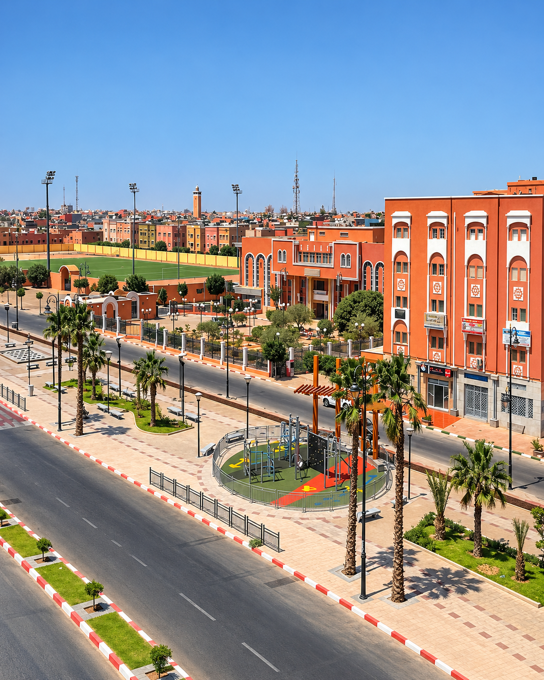 Palm-lined avenue beside warm-coloured civic buildings in Laâyoune