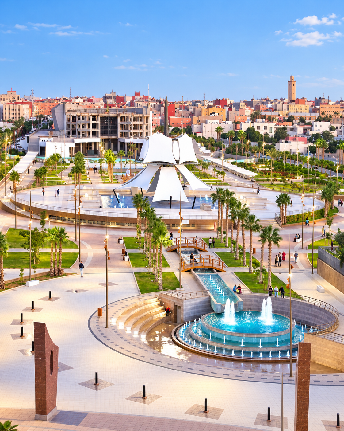 Civic park, palm alignments and blue fountain basins in Laâyoune