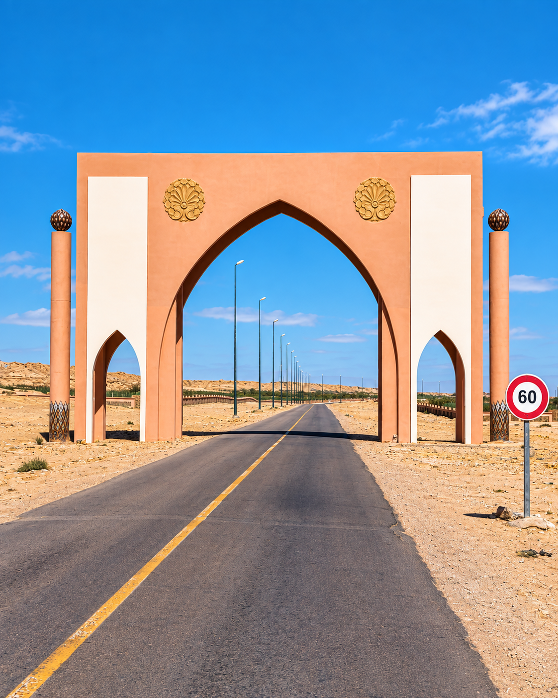 Monumental arch spanning a straight road at the desert edge of Laâyoune