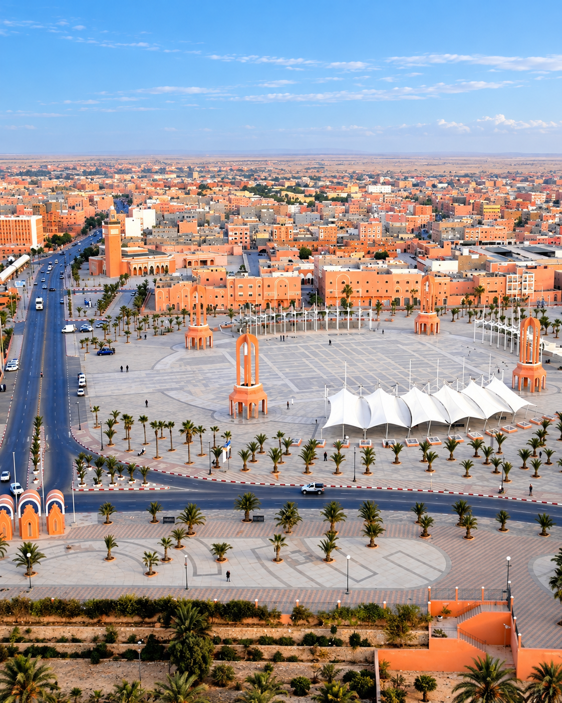 Place du Méchouar with civic monuments, palms and a white canopy in Laâyoune